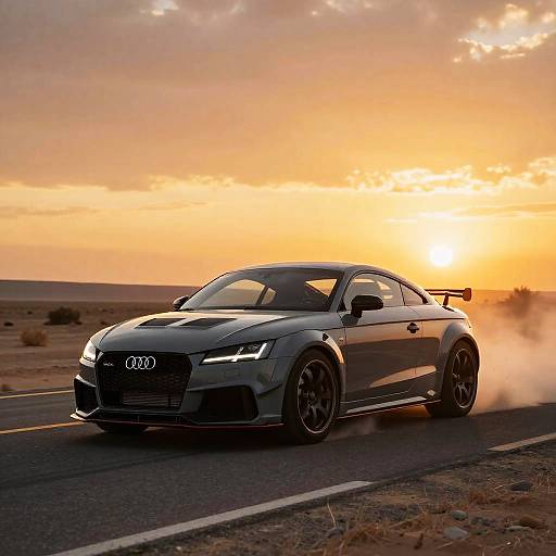 Photograph of a sleek, black Audi RS5 sports car speeding on a desert road at sunset, with glowing headlights and a dramatic orange sky in the