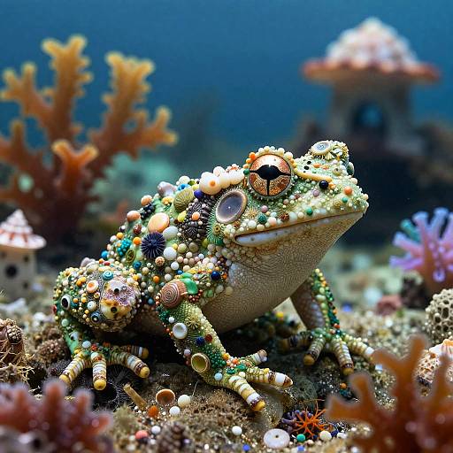 Photograph of a vividly detailed, jewel-encrusted frog on a colorful coral reef, with orange, purple, and green corals in