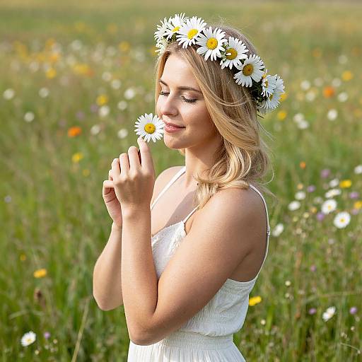 Photograph of a blonde woman with a daisy crown, wearing a white dress, gently holding daisies in a sunny meadow.