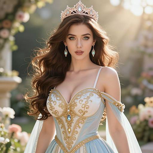 Photograph of a beautiful, fair-skinned woman with long, wavy brown hair, wearing an ornate, low-cut, blue and gold gown