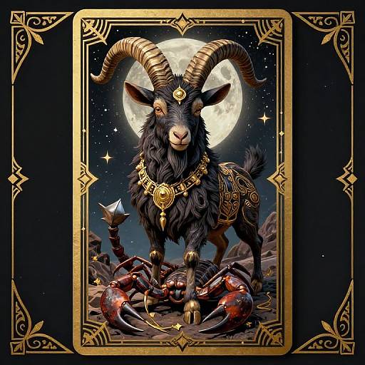Digital artwork of a regal black goat with gold horns and intricate jewelry, standing on a coiled serpent under a full moon, framed by ornate