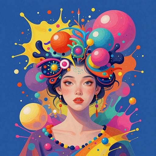 Digital art of an ethereal woman with colorful, abstract, splatter-patterned hair and vibrant background, featuring pink, orange, blue, and yellow