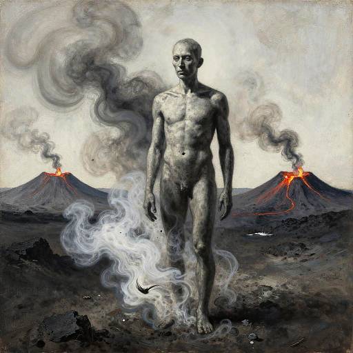 Digital surreal painting of a muscular, nude, shadowy figure with smoke emanating from his right side, standing between two erupting volcanoes.