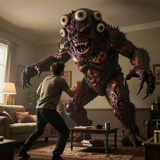 Giant Multi-Eyed Monster Attacking Man in Living Room