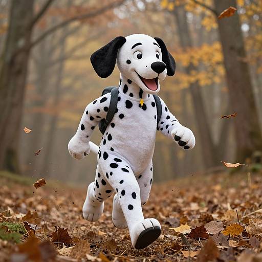 Photograph of a plush, black-spotted Dalmatian toy with a joyful expression, running through a forest path covered in autumn leaves.