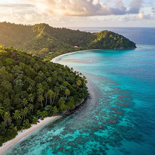 Aerial photograph of a tropical island with lush green palm trees, clear turquoise waters, and a golden sunset over the horizon.