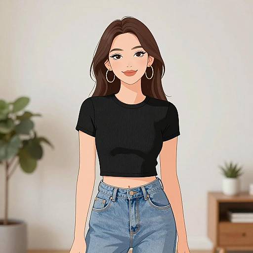 Digital anime-style drawing of a smiling woman with long brown hair, wearing a black crop top and blue high-waisted jeans, standing in a modern