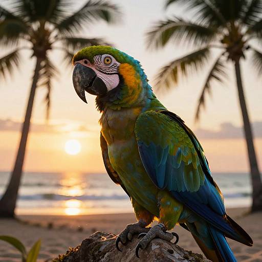 Vigilant Macaw on Sunset Tropical Beach