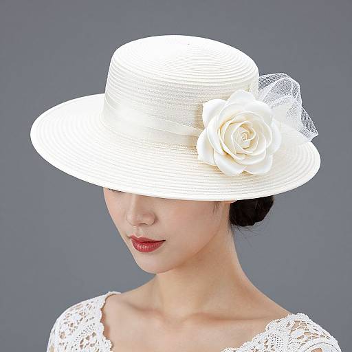 Photograph of an Asian woman with fair skin, red lips, wearing a white lace dress and a large white hat with a rose and netting,