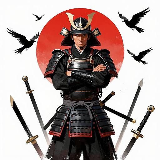 Samurai in Black Armor with Red Sun