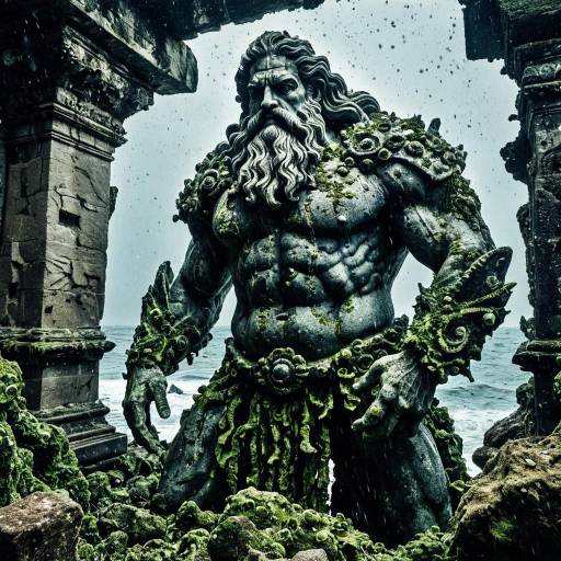 Barnacle-Covered Poseidon Statue Amid Ruins