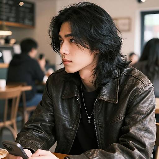 Photograph of an Asian man with shoulder-length black hair, wearing a black leather jacket, sitting in a café, looking pensively to the side.
