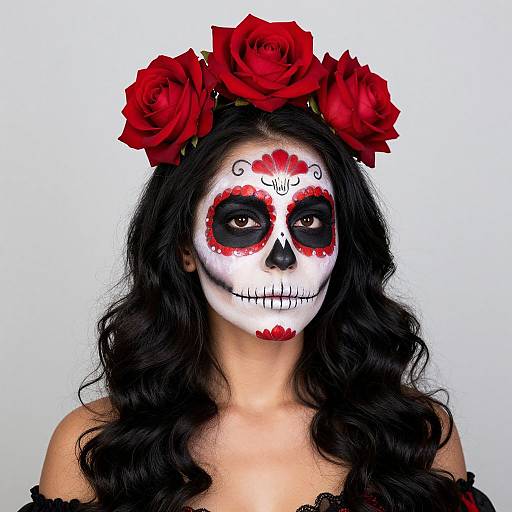 Photograph of a woman with long black hair, white face paint, red flower designs, black eye makeup, red rose headpiece, black off-