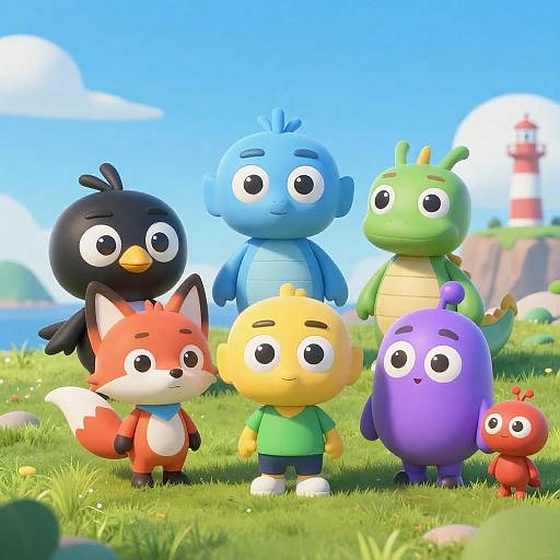 Colorful Cartoon Characters on a Hill