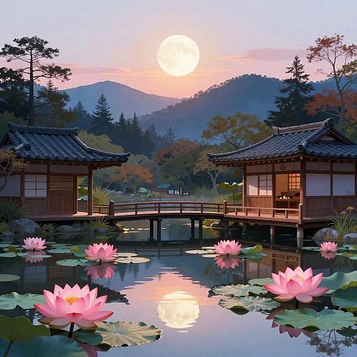 Moonlit Japanese Lotus Pond at Sunset