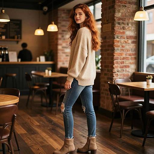 Photograph of a red-haired woman in a cozy, brick-walled café, wearing a beige sweater, ripped blue jeans, and beige ankle boots,