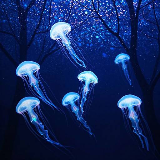 Photograph of glowing blue jellyfish with translucent, flowing tentacles against a dark, starry background with silhouetted tree branches.