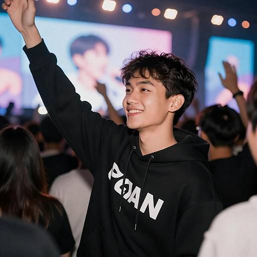 Smiling Young Man in Dynamic Crowd Scene