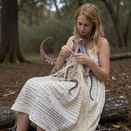 Photograph of a blonde woman in a white, music sheet-patterned dress gently holding a purple octopus with tangled seaweed in a forest clearing.