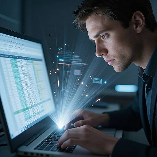 Focused Man Working on Futuristic Spreadsheet