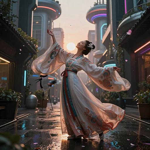 Neon Hanfu Crane in Chiaroscuro