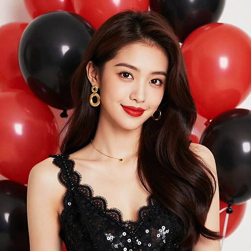 Photograph of an Asian woman with long black hair, red lipstick, black sequin dress, gold earrings, smiling, surrounded by red and black balloons