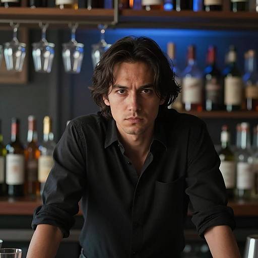 Serious Man Leaning on Bar Counter