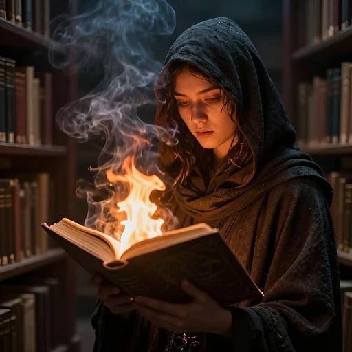 Photograph of a young woman in a dark hooded cloak, holding an open book with a fiery flame emerging from it, standing in a dimly