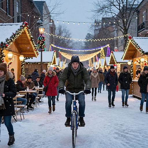 Photograph of a snowy Christmas market, cyclist in winter gear foreground, festive wooden stalls with lights, people walking, streetlights, twilight sky.