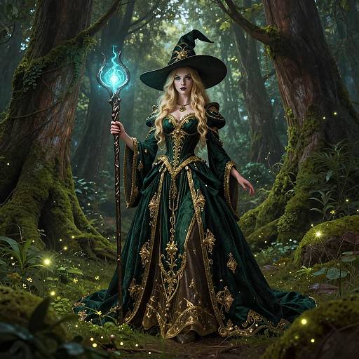 Digital fantasy artwork of a blonde witch in a dark green, gold-embellished gown, holding a glowing blue staff, in a mystical forest with