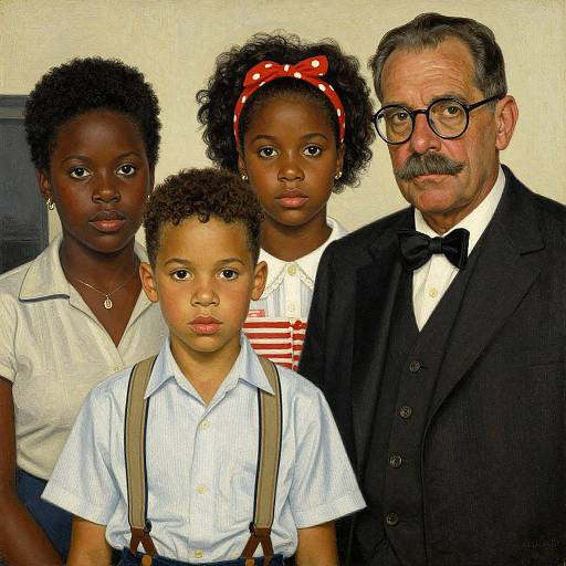 Photograph of an African-American family with four members: two girls with curly hair, a boy in a white shirt with suspenders, and an older