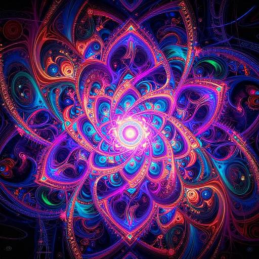 Vibrant digital fractal artwork featuring a radiant, multicolored mandala with glowing pink, blue, and orange petals against a dark background.