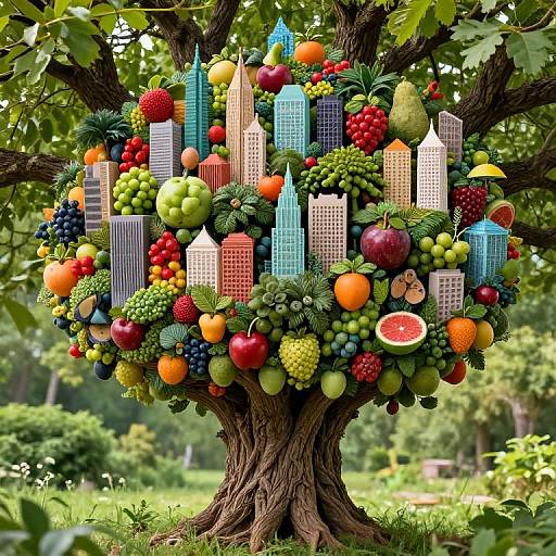 Ancient Tree with Miniature City Fruits