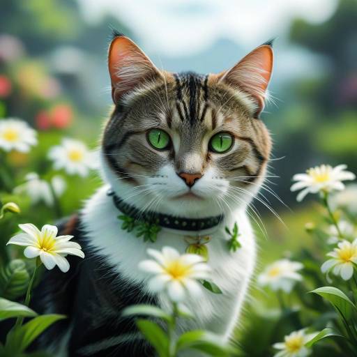 Realistic Balinese Cat Among Flowers