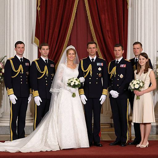 Photograph of bride in white lace gown and veil, holding bouquet, flanked by five military officers in black uniforms, standing in front of red velvet