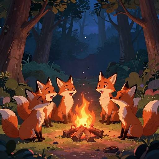 Animated Foxes Campfire in Mystical Forest