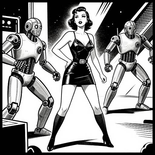Black-and-white digital illustration of a confident woman in a short, shiny dress flanked by two robotic figures in a futuristic setting.