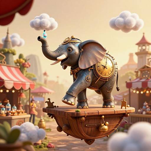 CGI fantasy image of a metallic, ornate elephant with golden accents, holding a blue orb, standing on a floating wooden platform in a whimsical