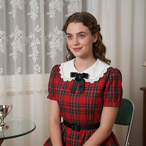 Woman in Vintage Red Plaid Dress Sitting Indoors