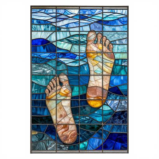Stained glass artwork depicting two bare feet, soles facing up, with orange patches, set against a blue, wave-like background.