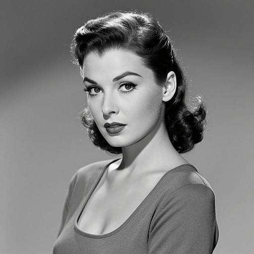 Black-and-white photograph of a 1940s-style woman with dark, wavy hair, wearing a simple, sleeveless dress, gazing directly