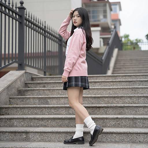 Stylish Asian Woman on Stone Stairs