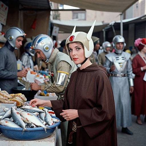 Photograph of a woman in a brown robe and white helmet with red gem, selling fish at a medieval market, surrounded by armored, helmeted people
