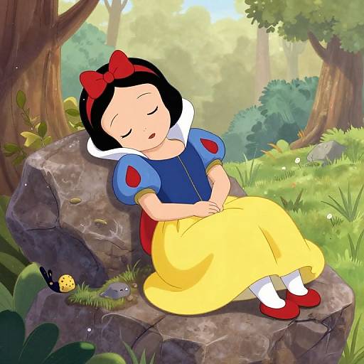 Digital illustration of Snow White sleeping on a rock in a forest, wearing her blue dress with puffed sleeves, yellow skirt, red bow, white collar