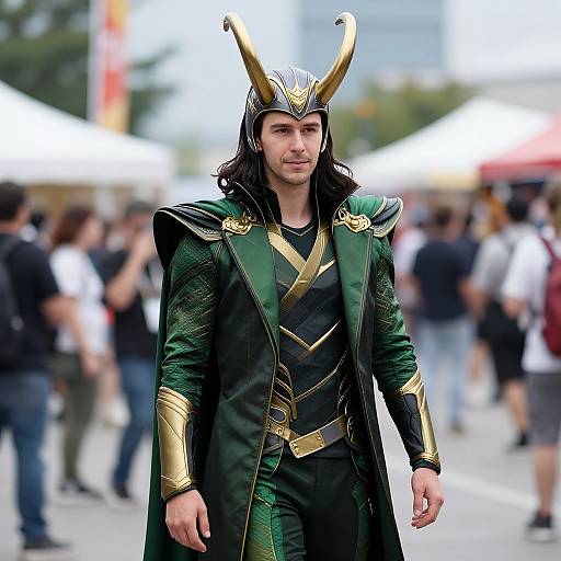 Photograph of a man with long black hair, wearing a green and gold fantasy warrior costume with horned helmet, walking in a blurred outdoor festival crowd