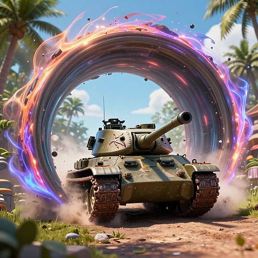 Digital artwork of a green tank bursting through a fiery, glowing tunnel in a tropical forest, with palm trees and blue sky.
