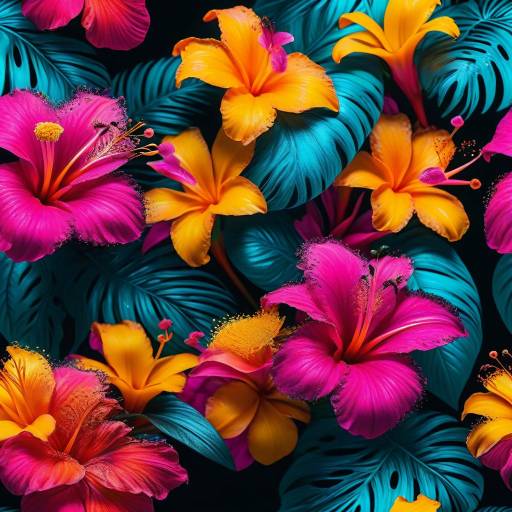 Vibrant Tropical Flowers on Black Background