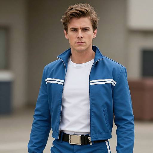 Photograph of a young, handsome man with short brown hair, wearing a blue jacket with white stripes, white t-shirt, and blue pants with a