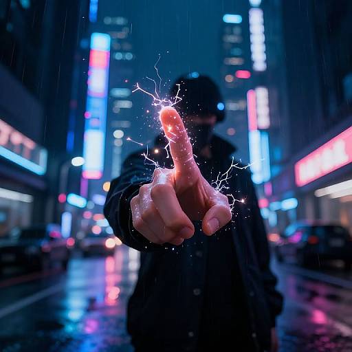 Photograph of a person in a dark, neon-lit urban street at night, pointing index finger with glowing, electric sparks, blurred city lights and