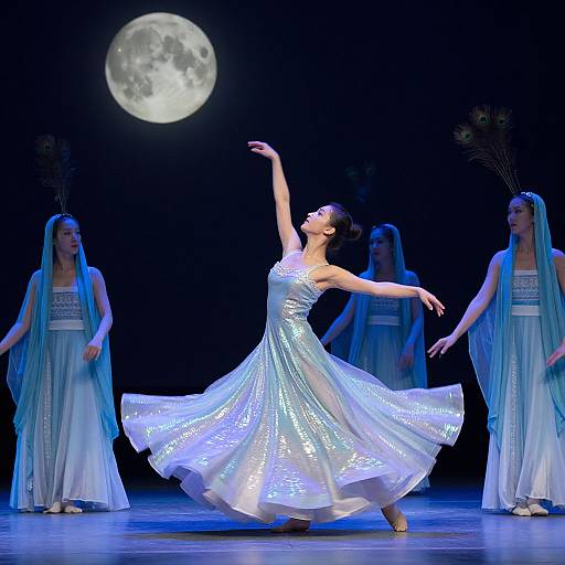Photograph of a ballet performance: A dancer in a sparkling white dress, arms gracefully raised, stands center stage under a full moon, surrounded by four